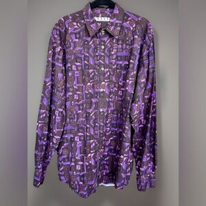 Basix Fenn Wright & Mason Long Sleeve Button Up Rayon Shirt Purple/Brown Medium
